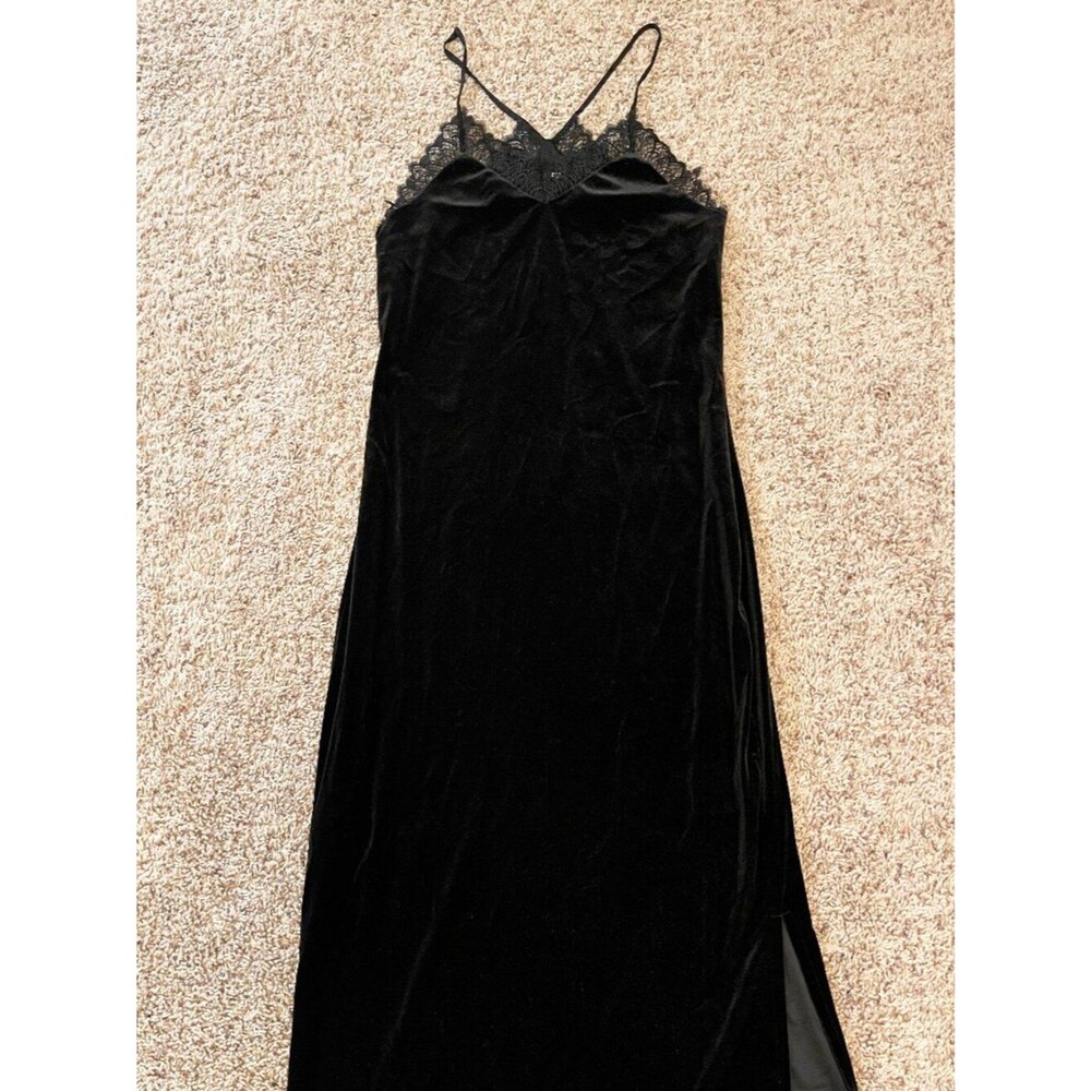 Express Black Velvet Slip Dress Medium Lace Trim Midi Side Slit 90s Minimalist